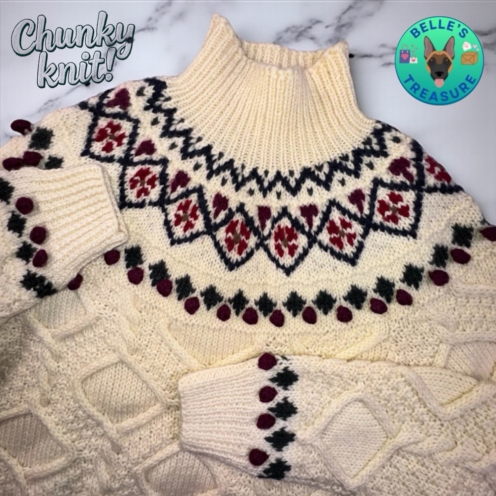 J G Hook Sweater Womens Medium Beige Fair Isle Wool Chunky Hand Knit Fisherman